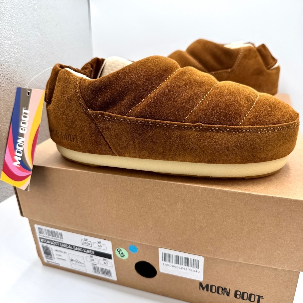 NWT Moonboot Suede Leather Slide Slippers Brown Cognac Unisex Shoes Brand New - Picture 8 of 16